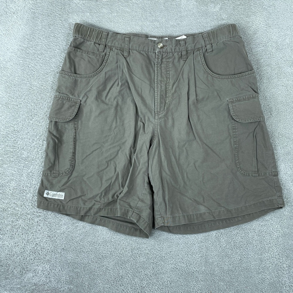 Columbia Cargo Shorts Mens 36 Grey Green Pleated Cotton Hiking Outdoor Utility